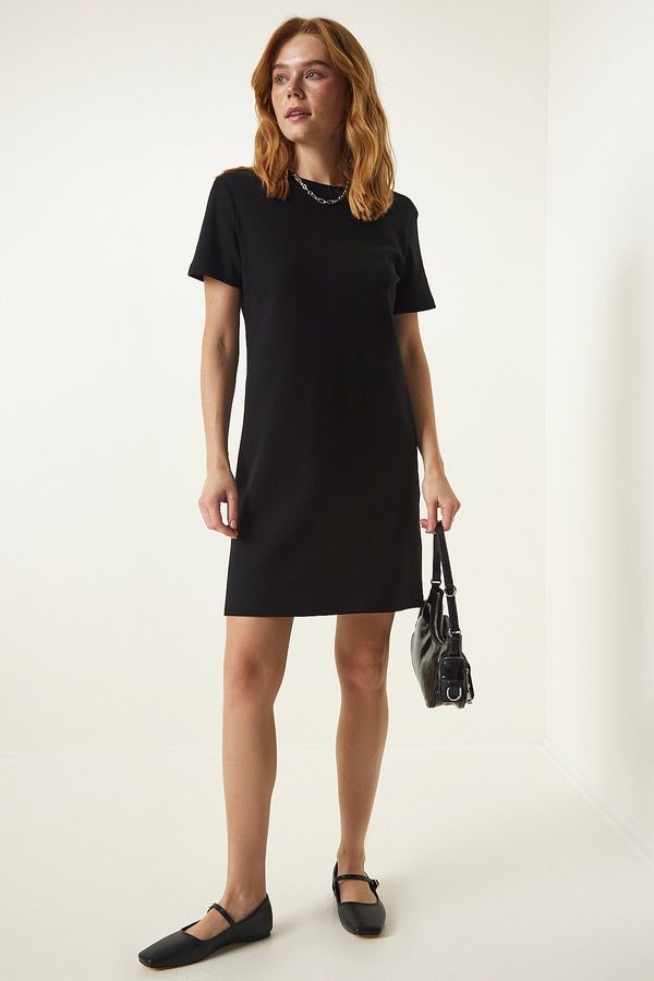 Happiness İstanbul Happiness İstanbul Women's Black Crew Neck Casual Combed Cotton Dress