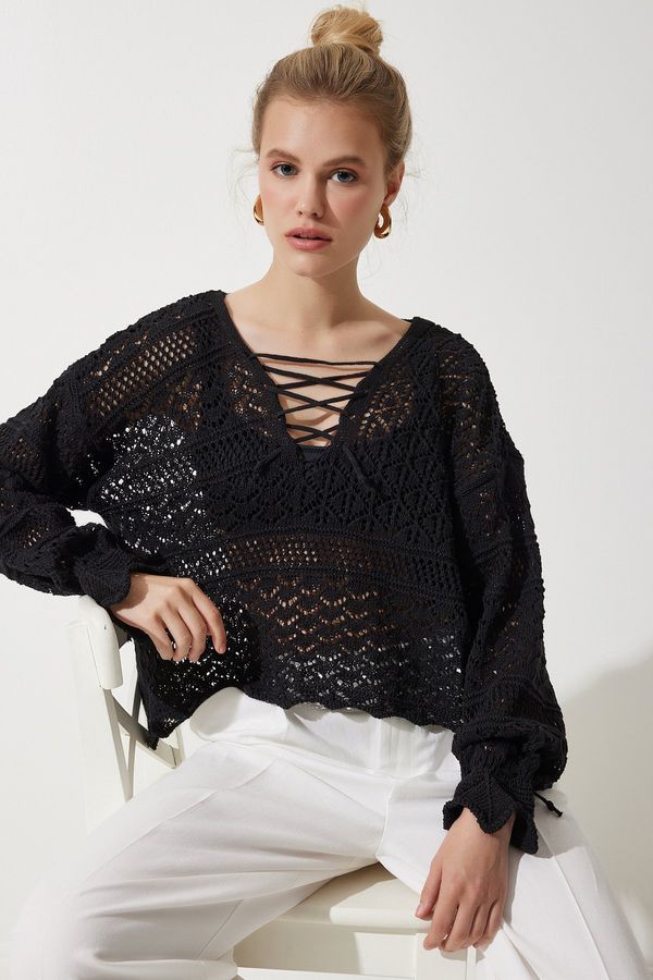 Happiness İstanbul Happiness İstanbul Women's Black Cross String Summer Openwork Knitwear Sweater