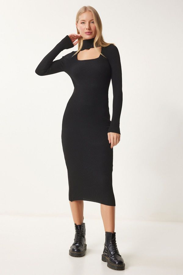 Happiness İstanbul Happiness İstanbul Women's Black Cut Out Detailed Stand Collar Ribbed Knit Dress