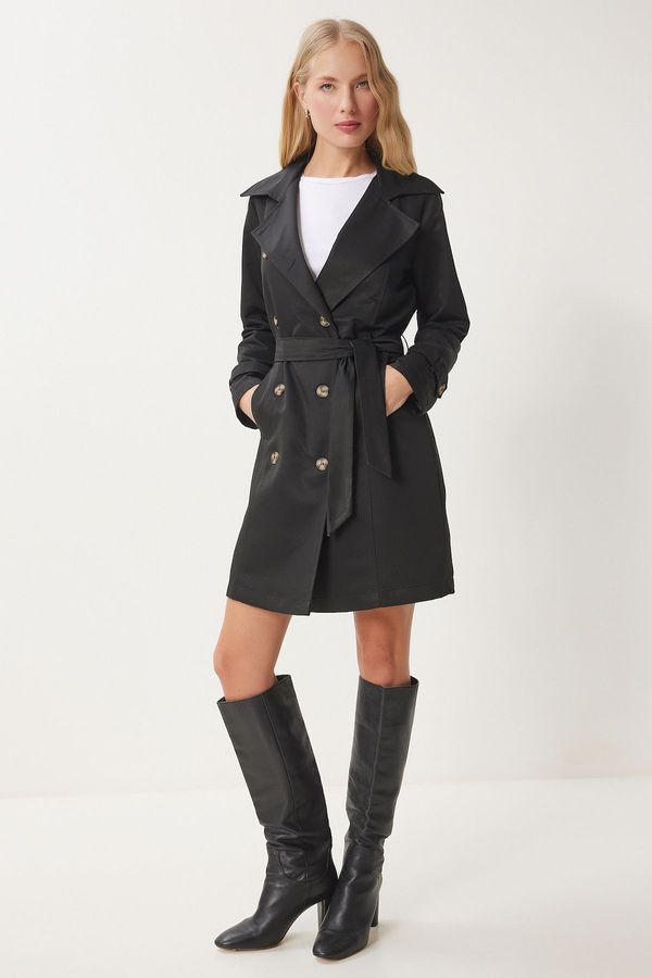 Happiness İstanbul Happiness İstanbul Women's Black Double-Breasted Belted Seasonal Trench Coat