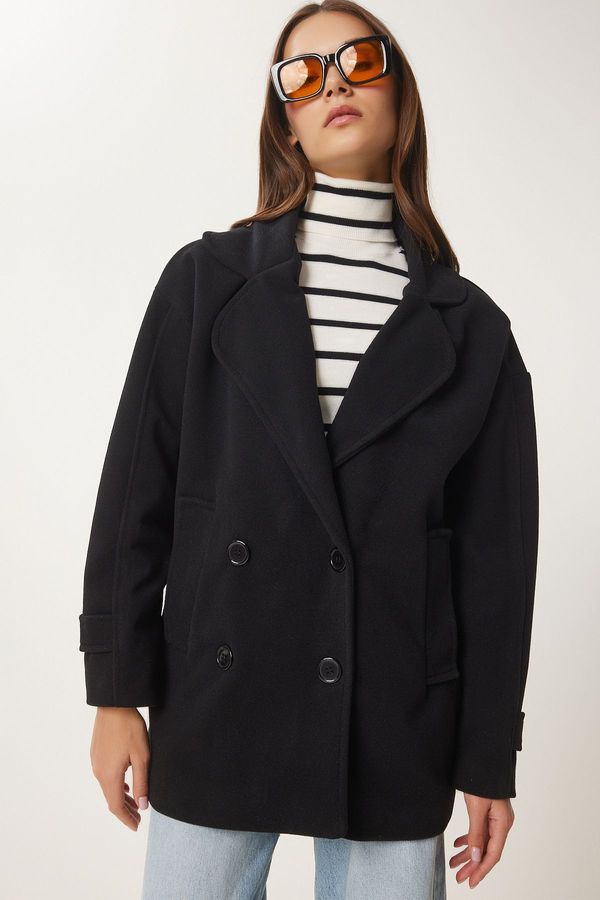 Happiness İstanbul Happiness İstanbul Women's Black Double Breasted Lapel Cashmere Coat