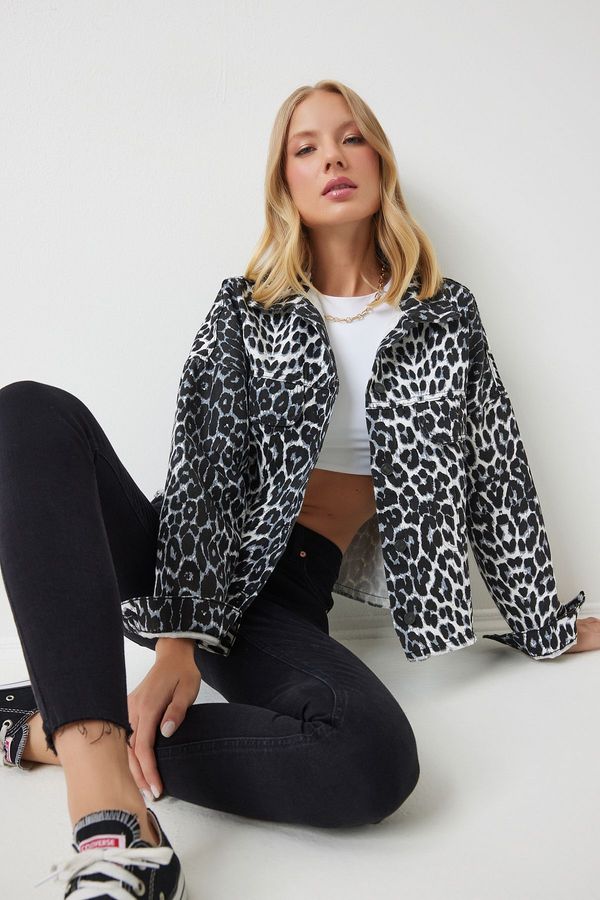 Happiness İstanbul Happiness İstanbul Women's Black Ecru Leopard Patterned Denim Jacket