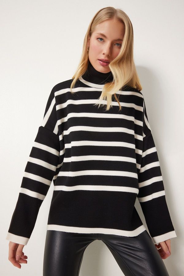 Happiness İstanbul Happiness İstanbul Women's Black Ecru Striped Oversize Knitwear Sweater