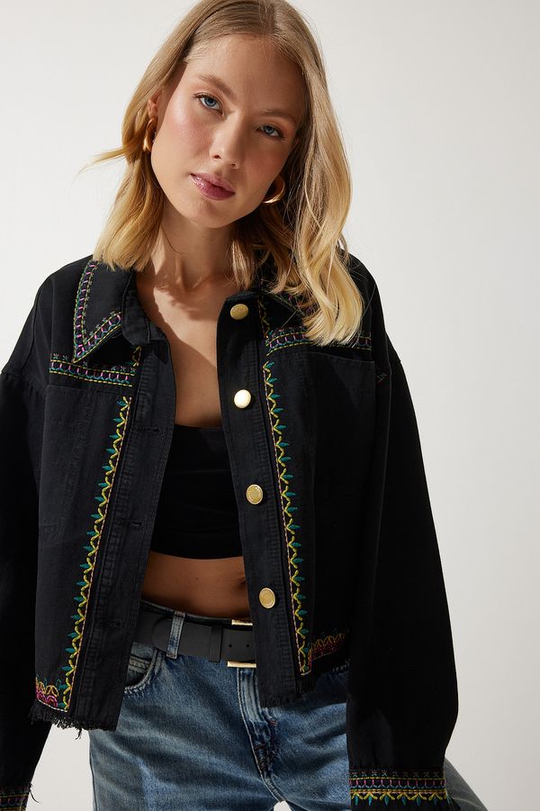 Happiness İstanbul Happiness İstanbul Women's Black Embroidered Tasseled Oversize Denim Jacket