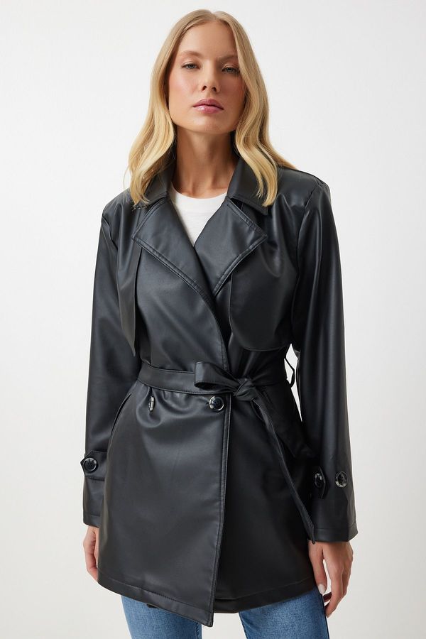 Happiness İstanbul Happiness İstanbul Women's Black Faux Leather Double Breasted Collar Short Trench Coat