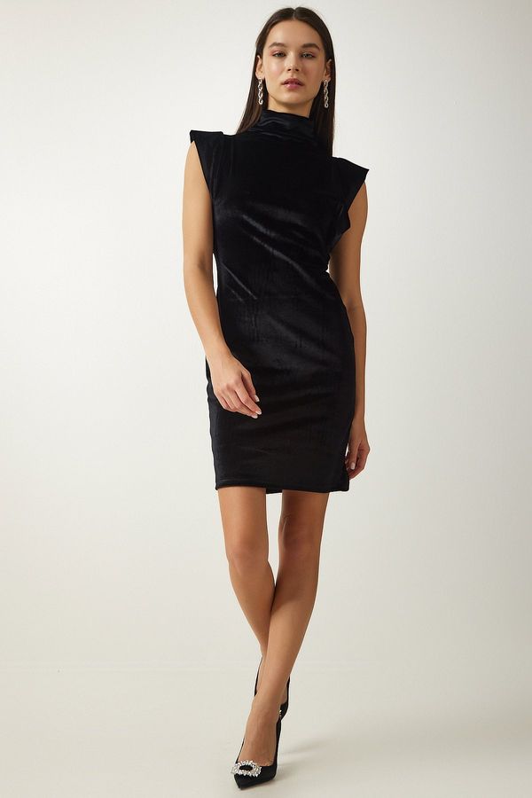 Happiness İstanbul Happiness İstanbul Women's Black High Collar Stylish Velvet Dress