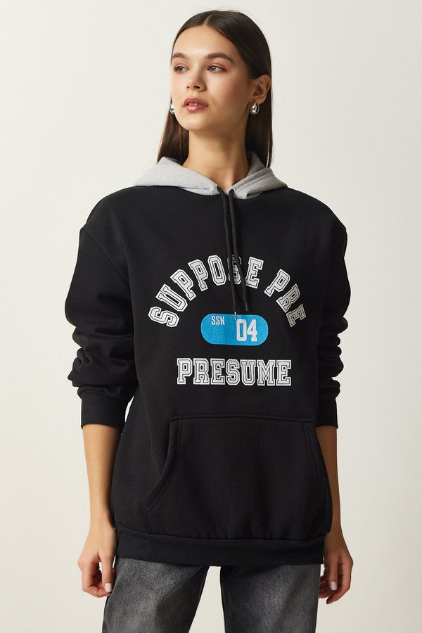 Happiness İstanbul Happiness İstanbul Women's Black Hooded Rack Printed Sweatshirt