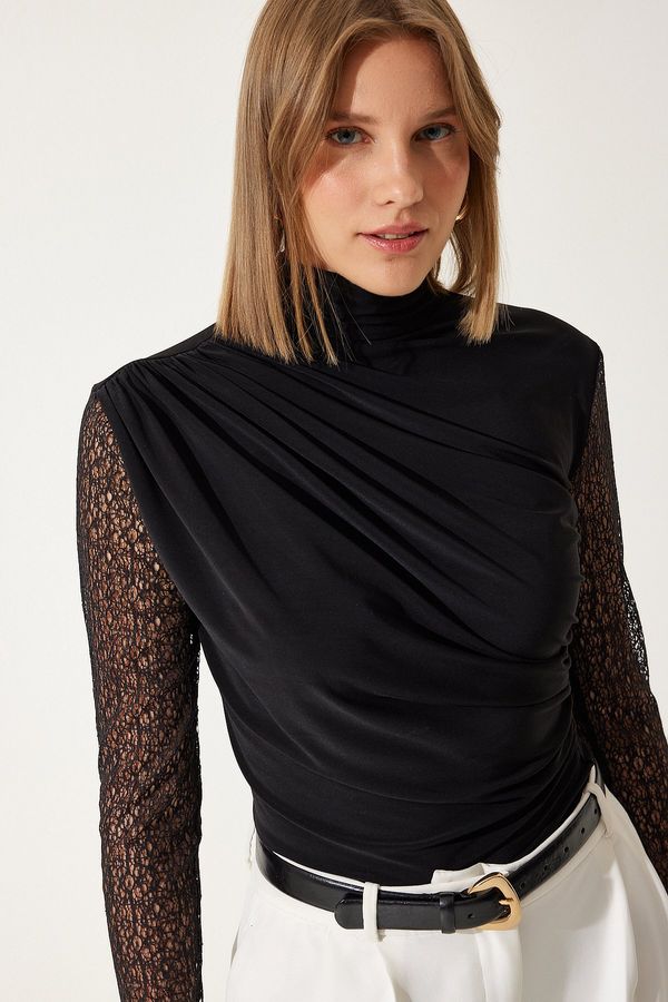 Happiness İstanbul Happiness İstanbul Women's Black Lace Sleeve Gathered Knitted Blouse