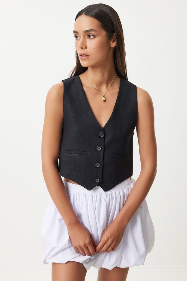 Happiness İstanbul Happiness İstanbul Women's Black Linen Short Vest