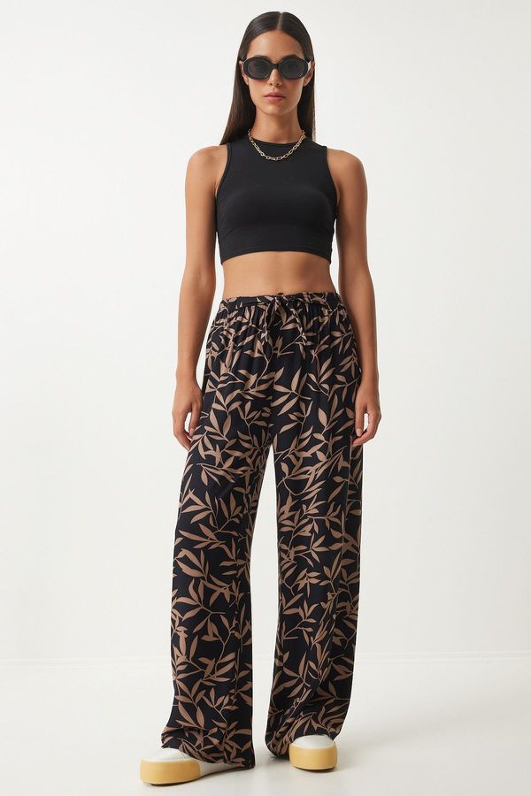 Happiness İstanbul Happiness İstanbul Women's Black Mink Patterned Loose Viscose Palazzo Trousers