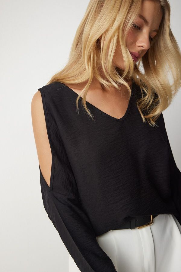 Happiness İstanbul Happiness İstanbul Women's Black Off-the-Shoulder Release-Length Flowy Aerobatic Blouse