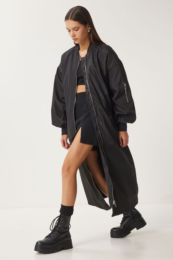 Happiness İstanbul Happiness İstanbul Women's Black Oversize Zippered Long Woven Trench Coat