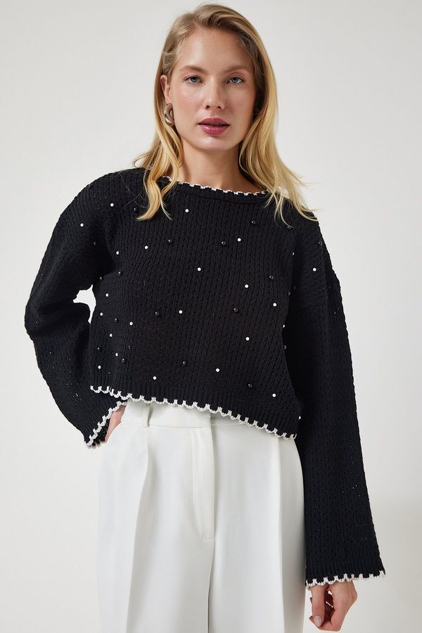 Happiness İstanbul Happiness İstanbul Women's Black Pearls Openwork Seasonal Crop Knitwear Sweater