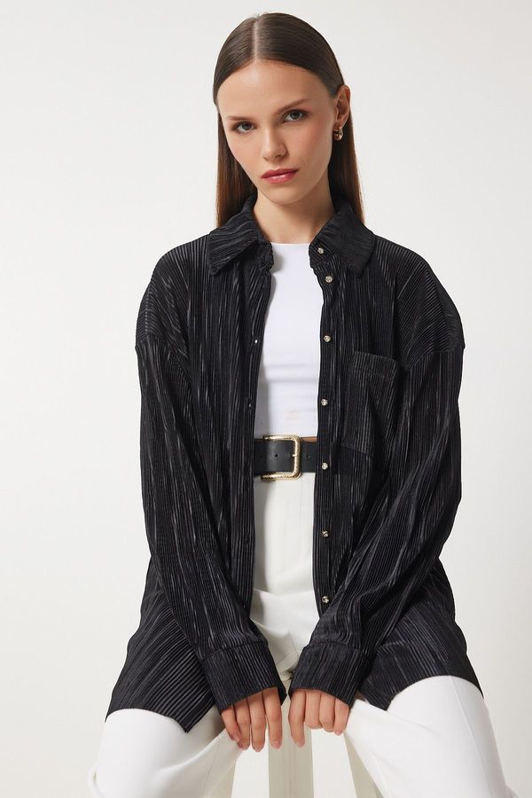 Happiness İstanbul Happiness İstanbul Women's Black Pleated Oversize Long Shirt