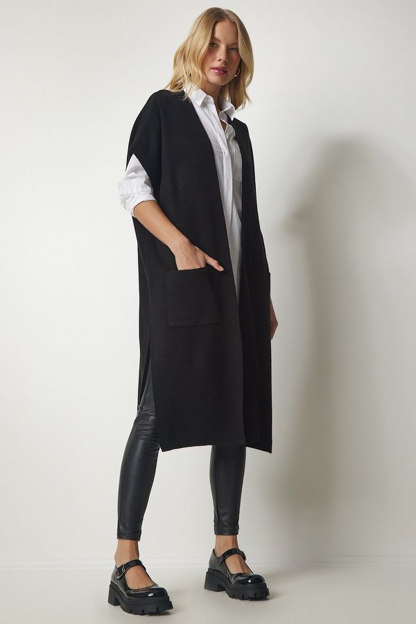 Happiness İstanbul Happiness İstanbul Women's Black Pocketed Oversize Long Knitwear Vest