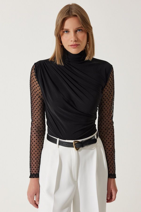 Happiness İstanbul Happiness İstanbul Women's Black Polka Dot Lace Sleeve Gathered Knitted Blouse