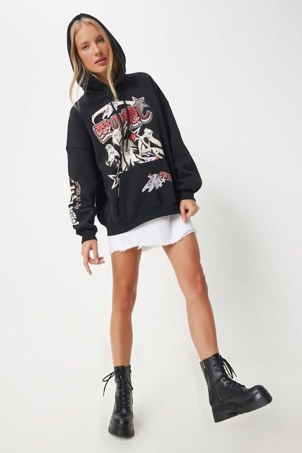 Happiness İstanbul Happiness İstanbul Women's Black Printed Hooded Raised Knitted Sweatshirt