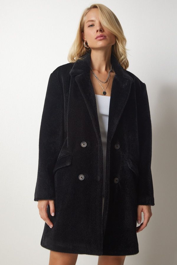 Happiness İstanbul Happiness İstanbul Women's Black Rabbit Hair Look Oversize Coat