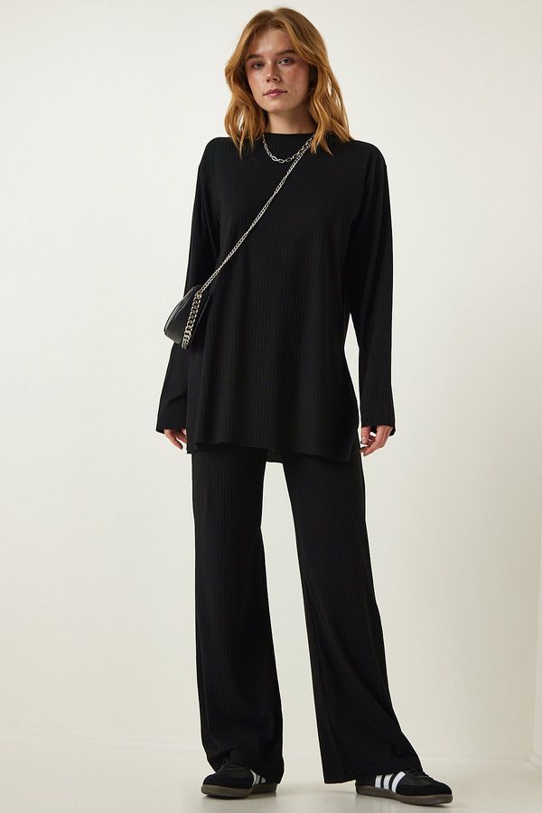 Happiness İstanbul Happiness İstanbul Women's Black Ribbed Knitted Blouse Pants Suit