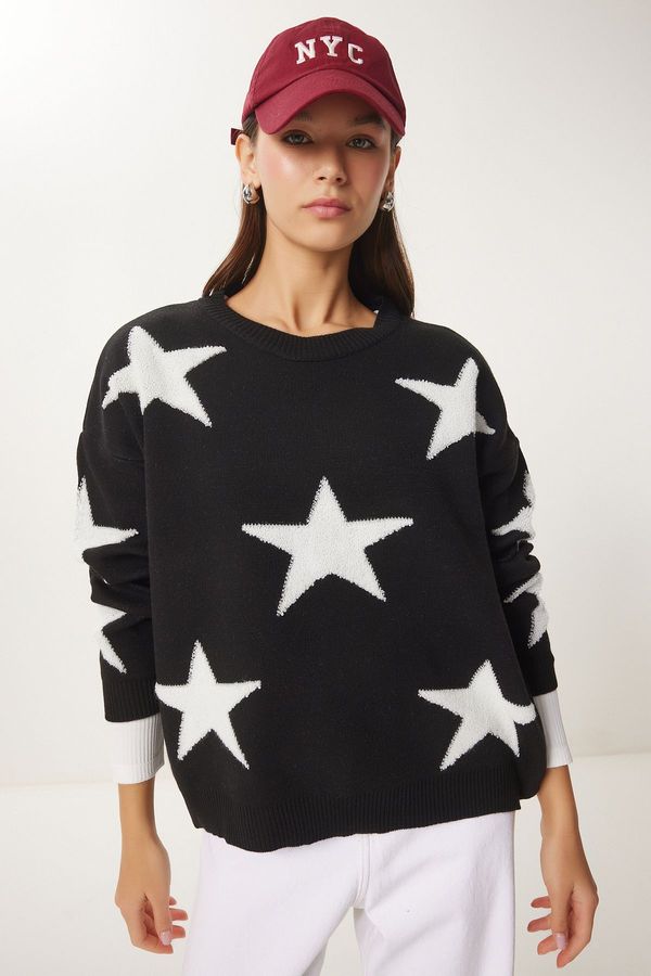 Happiness İstanbul Happiness İstanbul Women's Black Star Embroidered Oversize Knitted Sweater