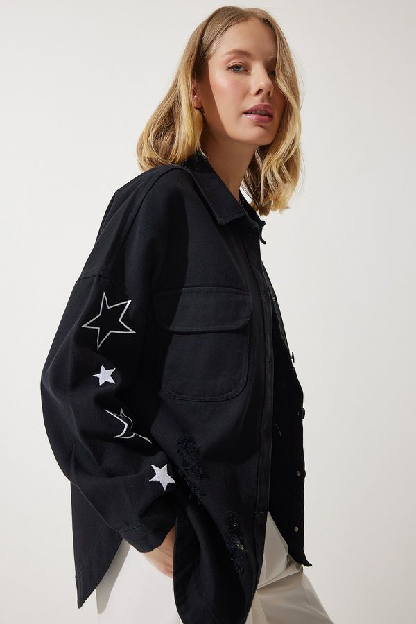 Happiness İstanbul Happiness İstanbul Women's Black Star Embroidered Oversize Shirt Jacket