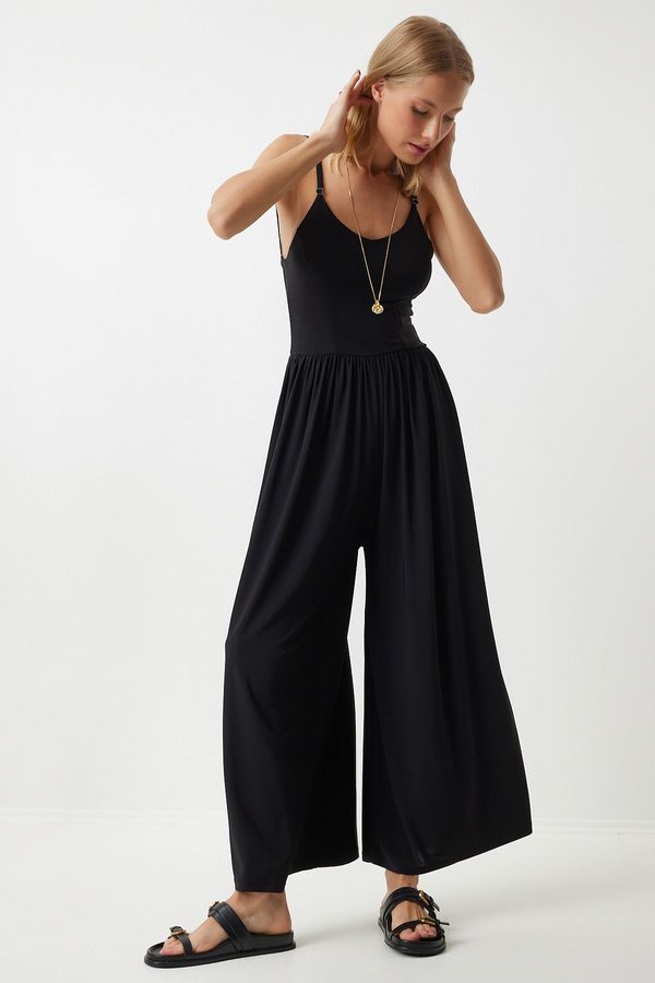 Happiness İstanbul Happiness İstanbul Women's Black Strap Wide Leg Summer Knitted Jumpsuit