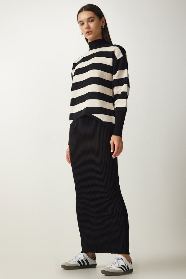 Happiness İstanbul Happiness İstanbul Women's Black Striped Sweater Dress Knitwear Suit