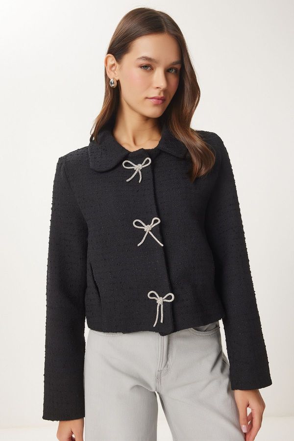 Happiness İstanbul Happiness İstanbul Women's Black Stylish Bow Detail Tweed Jacket