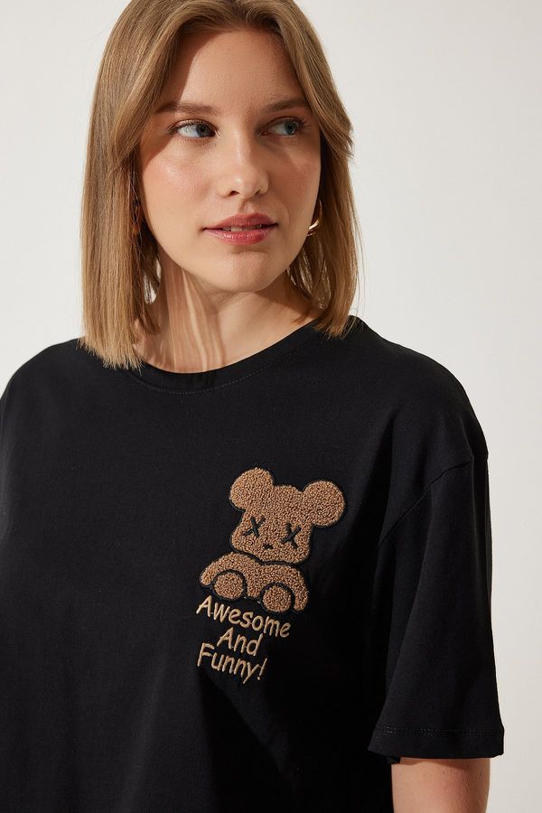 Happiness İstanbul Happiness İstanbul Women's Black Teddy Bear Crest Crop Knitted T-Shirt