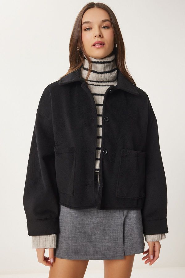 Happiness İstanbul Happiness İstanbul Women's Black Wide Pocket Soft Stamp Jacket