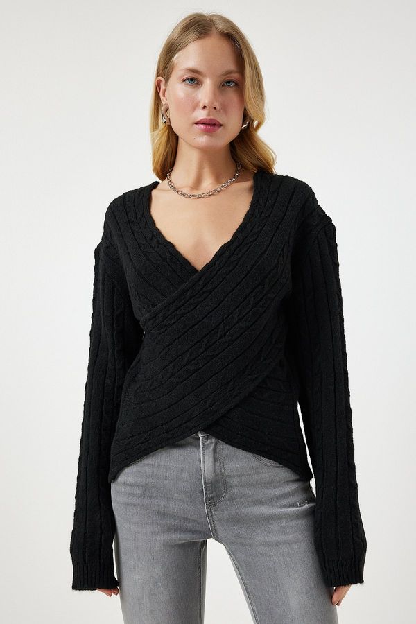 Happiness İstanbul Happiness İstanbul Women's Black Wrapover Neck Seasonal Knitwear Sweater