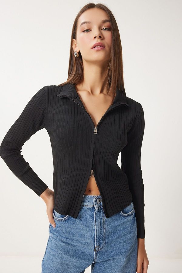 Happiness İstanbul Happiness İstanbul Women's Black Zippered Ribbed Knitwear Cardigan