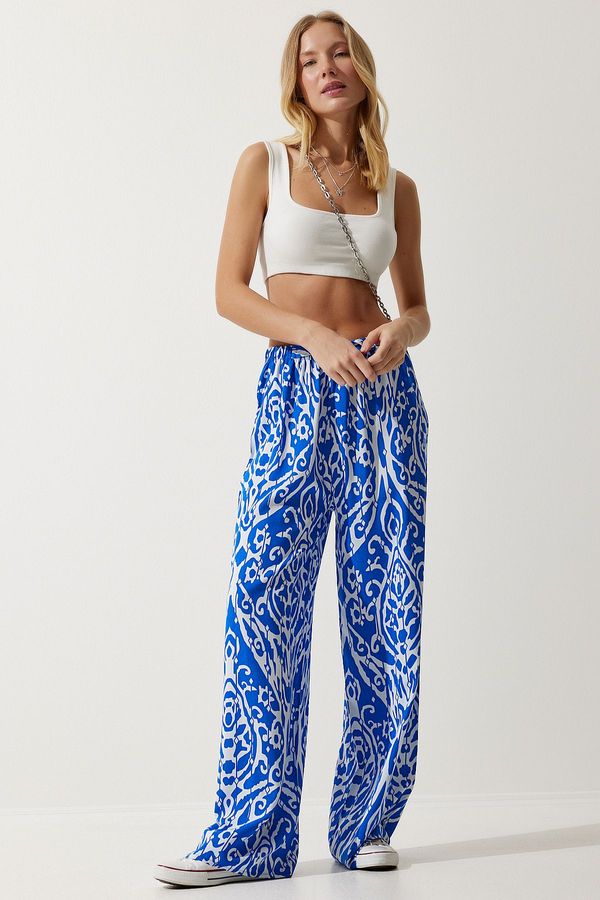 Happiness İstanbul Happiness İstanbul Women's Blue and White Patterned Flowing Viscose Palazzo Trousers