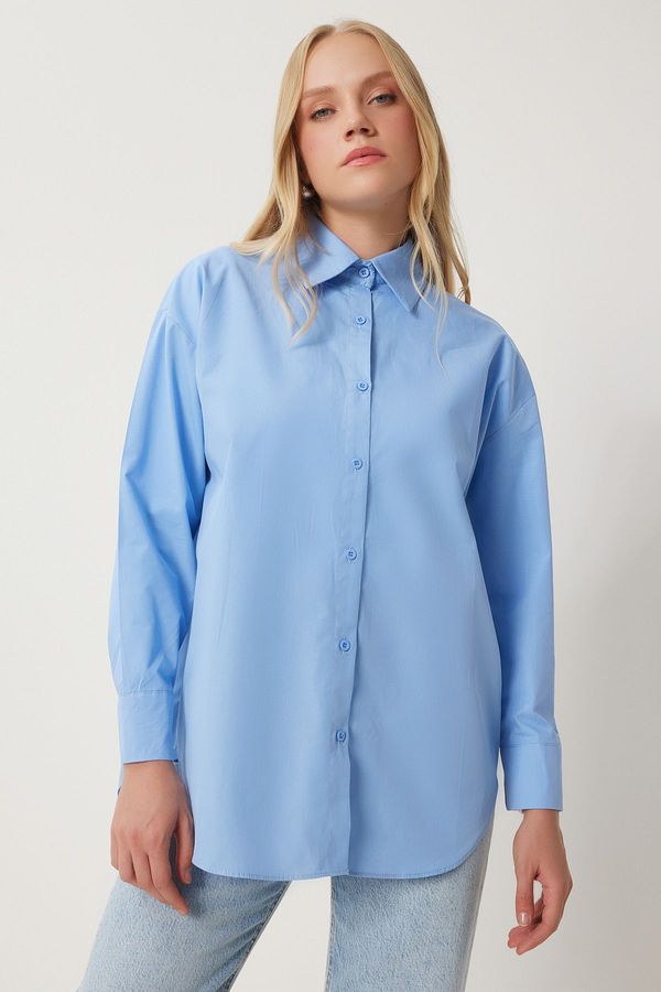 Happiness İstanbul Happiness İstanbul Women's Blue Cotton Oversize Long Shirt
