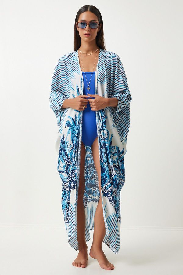 Happiness İstanbul Happiness İstanbul Women's Blue Ecru Patterned Asymmetrical Viscose Kimono