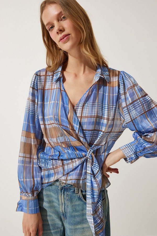 Happiness İstanbul Happiness İstanbul Women's Blue Glitter Thread Checkered Shirt