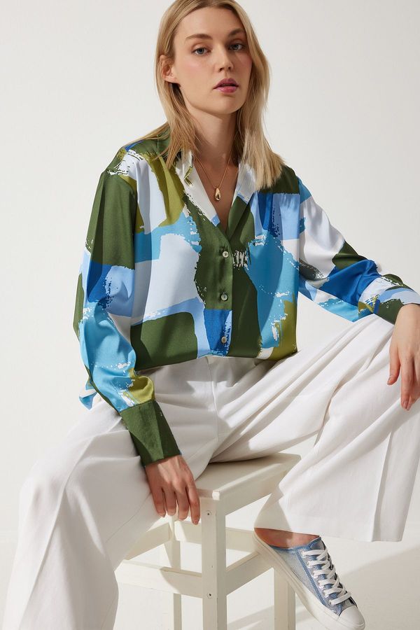 Happiness İstanbul Happiness İstanbul Women's Blue Green Patterned Oversize Satin Shirt