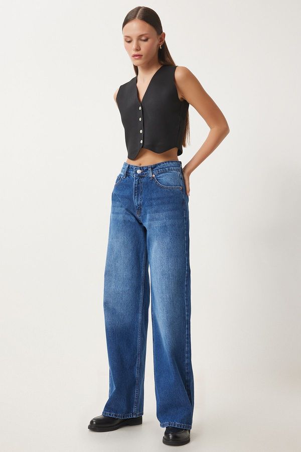 Happiness İstanbul Happiness İstanbul Women's Blue Mid Waist Wide Leg Loose Jeans