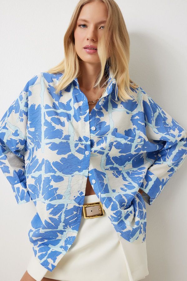 Happiness İstanbul Happiness İstanbul Women's Blue Patterned Textured Oversize Ayrobin Viscose Shirt