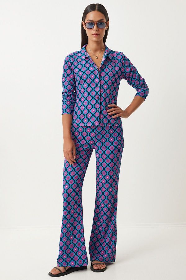 Happiness İstanbul Happiness İstanbul Women's Blue Pink Patterned Summer Woven Shirt and Trousers Set