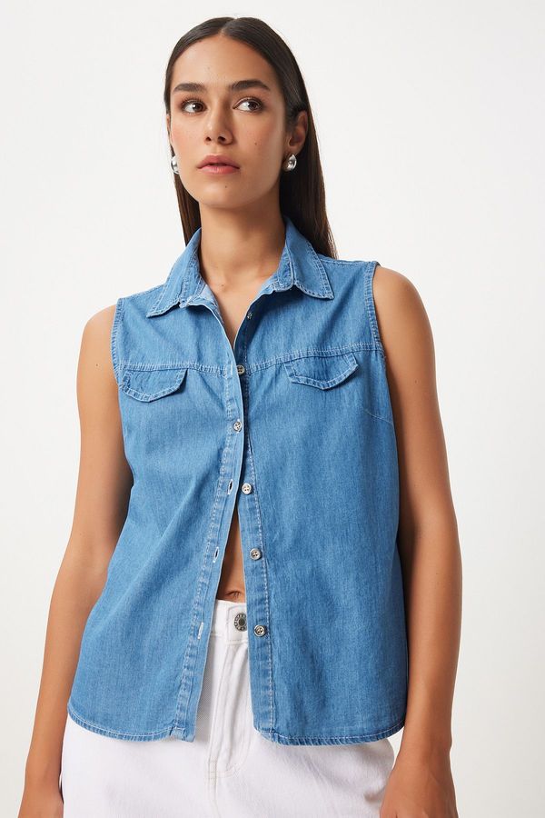 Happiness İstanbul Happiness İstanbul Women's Blue Pocket Flap Denim Vest