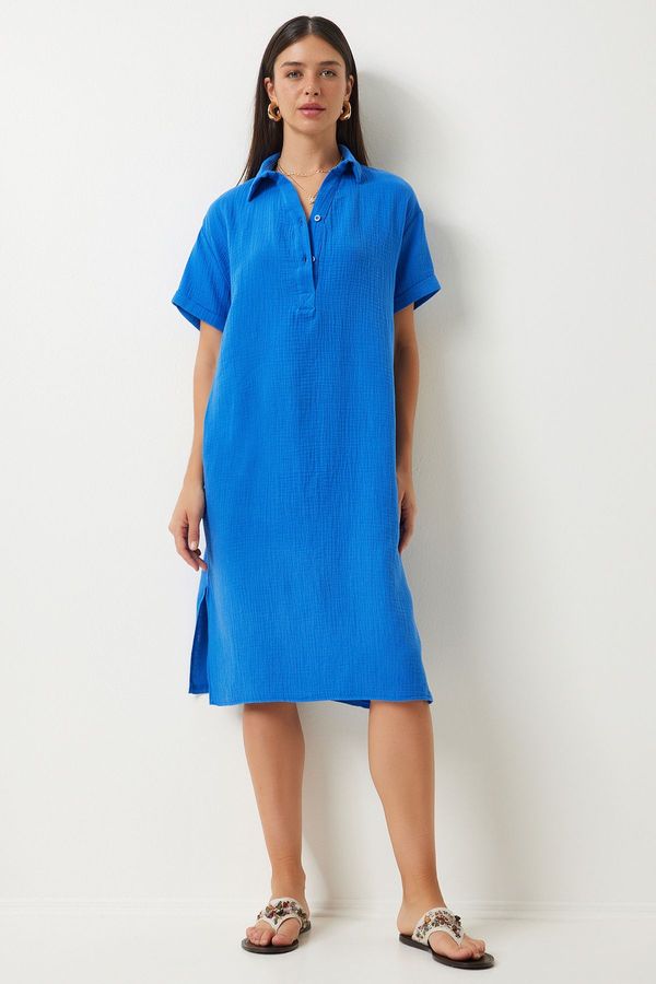 Happiness İstanbul Happiness İstanbul Women's Blue Polo Neck Summer Loose Muslin Dress