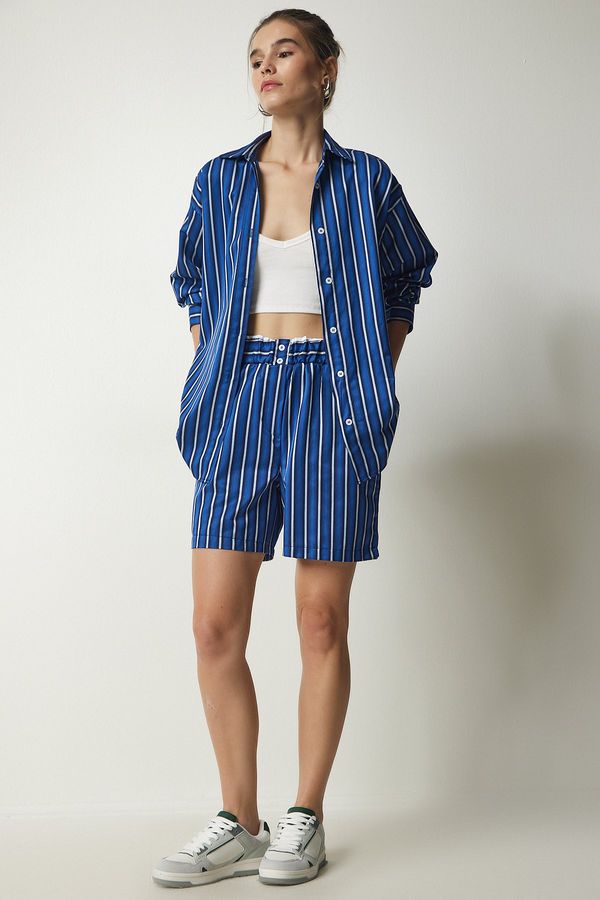 Happiness İstanbul Happiness İstanbul Women's Blue Striped Satin Surface Shirt Shorts Set