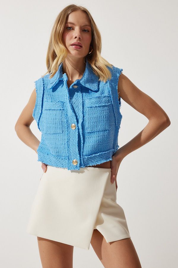 Happiness İstanbul Happiness İstanbul Women's Blue Stylish Buttoned Patterned Crop Tweed Vest