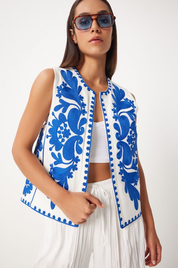 Happiness İstanbul Happiness İstanbul Women's Blue White Embroidery Detailed Linen Vest