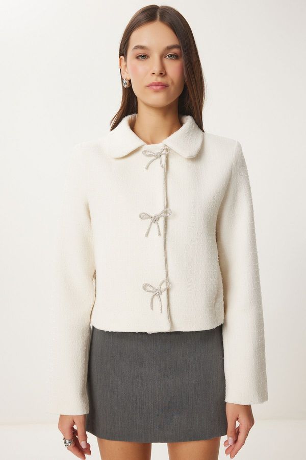 Happiness İstanbul Happiness İstanbul Women's Bone Stylish Bow Detail Tweed Jacket