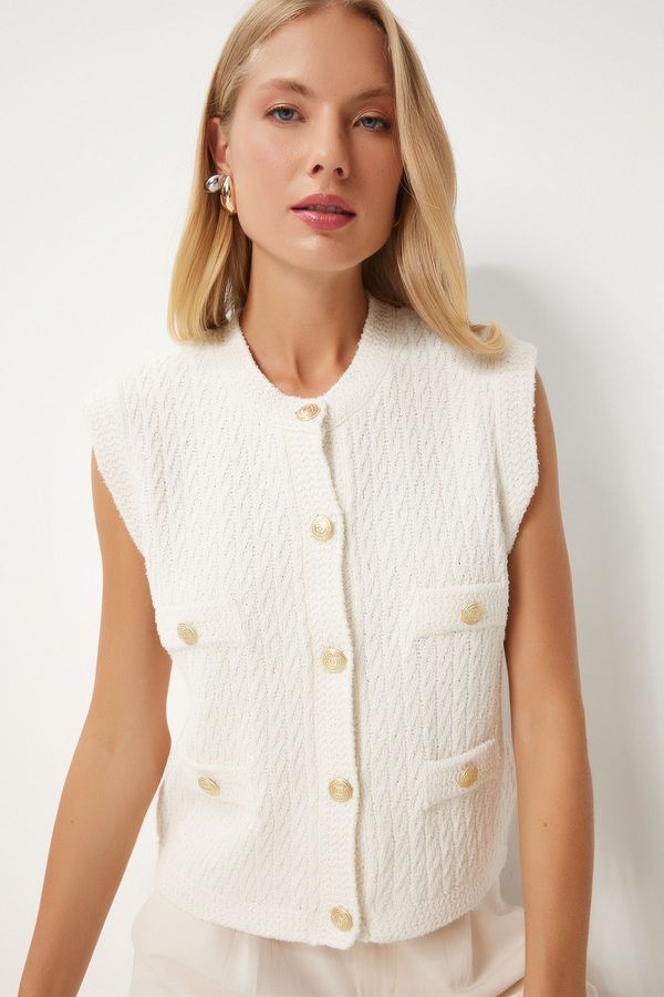 Happiness İstanbul Happiness İstanbul Women's Bone Stylish Buttoned Textured Knitwear Vest
