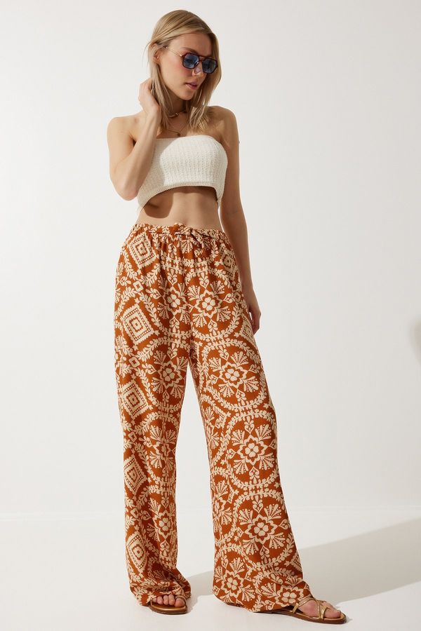 Happiness İstanbul Happiness İstanbul Women's Brick Beige Patterned Raw Linen Palazzo Trousers