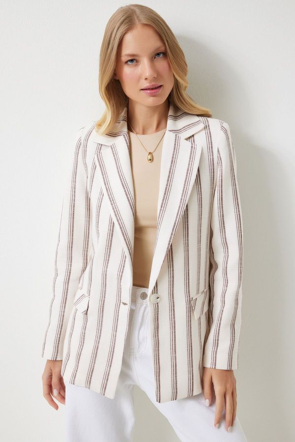 Happiness İstanbul Happiness İstanbul Women's Brown Bone Striped Padded Linen Blend Blazer Jacket