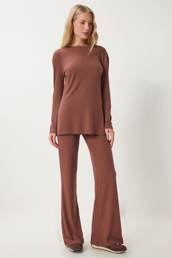Happiness İstanbul Happiness İstanbul Women's Brown Comfortable Ribbed Knitted Blouse Trousers Set
